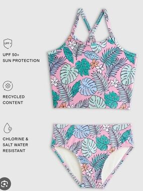 QUINCE 3 Piece Tankini Swimsuit & Rashguard Set Kid Size 7 Palm Print 7355